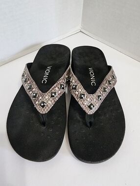 Vionic Floriana Jeweled Snake Print Orthotic Flip Flop Sandals Size 8